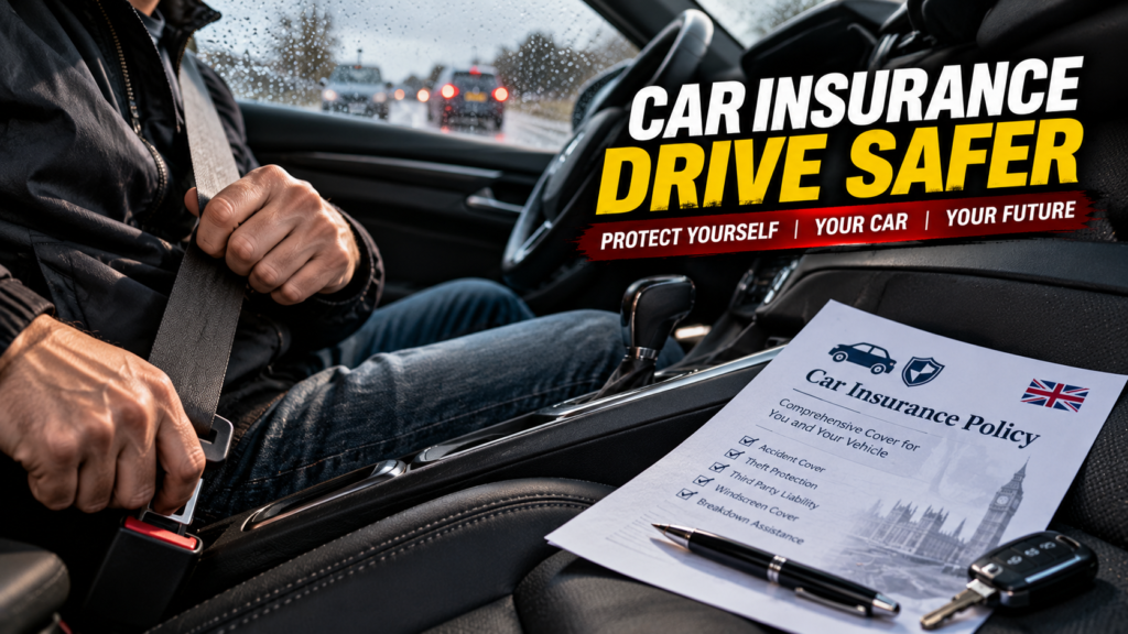 A driver buckling their seatbelt next to a car insurance policy document, highlighting the UK seatbelt exclusion clause.