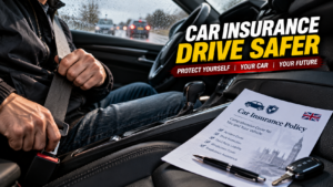 A driver buckling their seatbelt next to a car insurance policy document, highlighting the UK seatbelt exclusion clause.