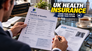 A person reviewing an Aviva personal accident insurance policy document and a UK medical report on a desk.