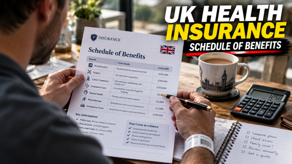 A person wearing a hospital wristband reviewing a UK personal accident insurance schedule of benefits document at a table.