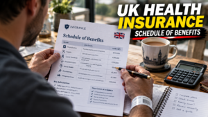 A person wearing a hospital wristband reviewing a UK personal accident insurance schedule of benefits document at a table.