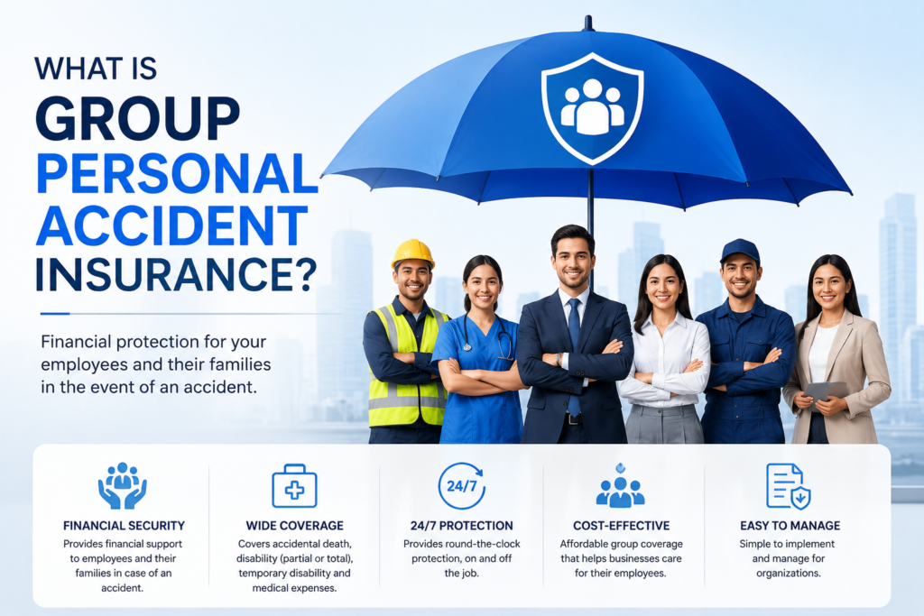 Illustration answering what is group personal accident insurance for UK businesses.
