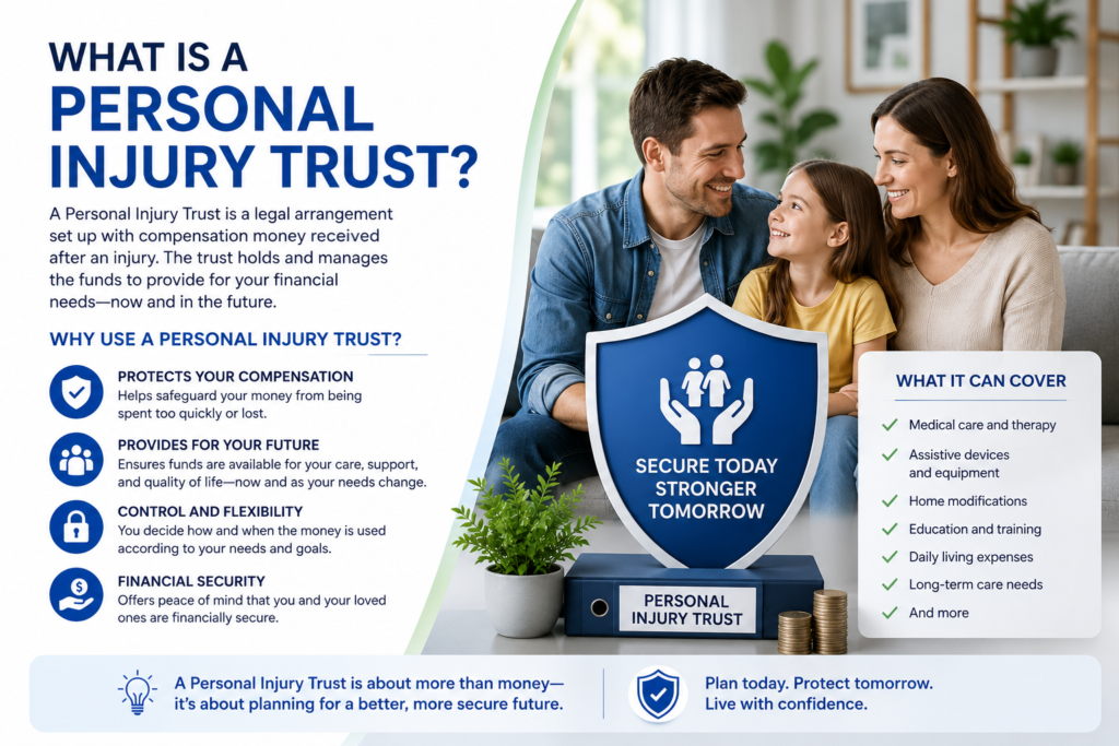 A conceptual illustration showing how a personal injury trust protects compensation payouts in the UK