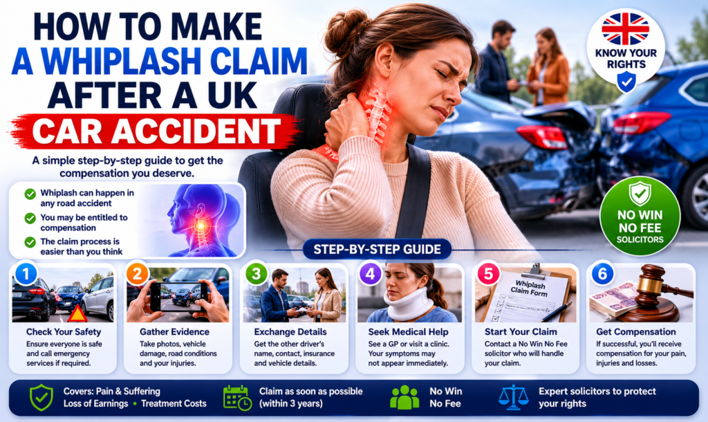 A conceptual illustration showing how to file a whiplash claim after a UK car accident