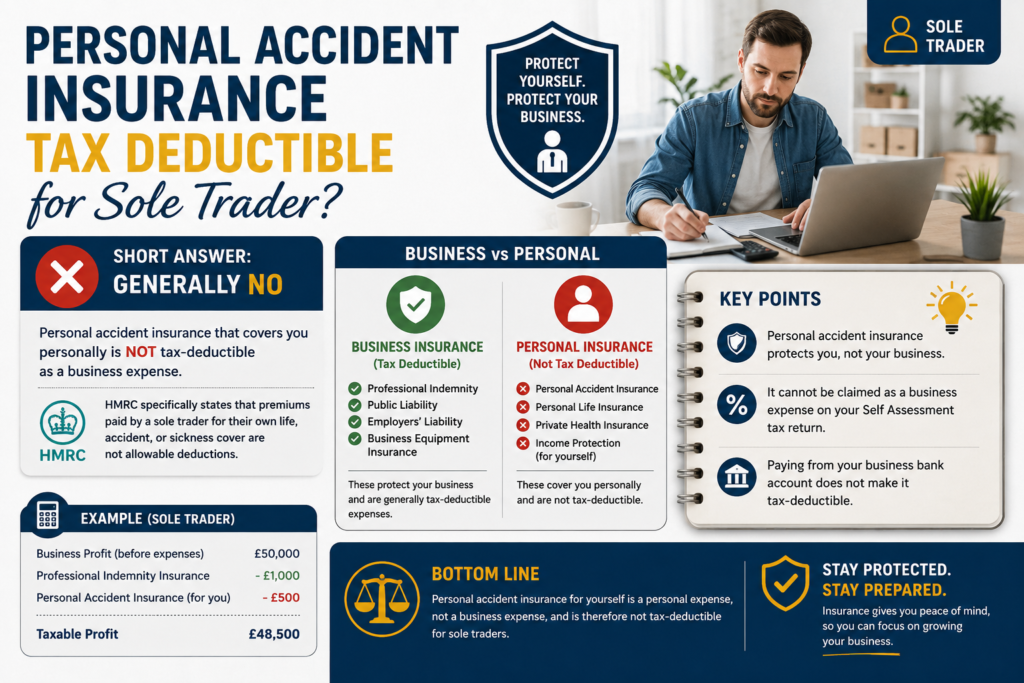 Infographic explaining if personal accident insurance is tax deductible for UK sole traders