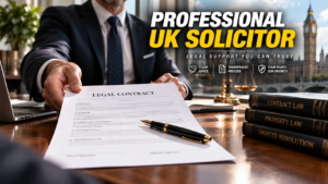 A professional UK personal injury solicitor sliding a legal document across a desk during a client consultation.
