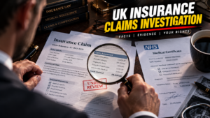 A magnifying glass examining UK insurance claim documents and medical certificates on a desk.
