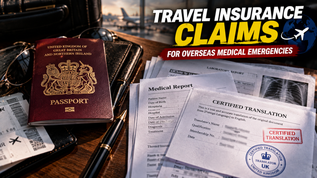 A UK passport alongside foreign medical reports and certified translations on a desk, representing overseas accident claims.
