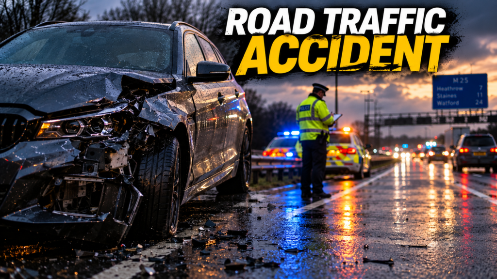 A police officer taking notes at the scene of a road traffic collision on a wet UK motorway at dusk.