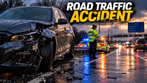 A police officer taking notes at the scene of a road traffic collision on a wet UK motorway at dusk.